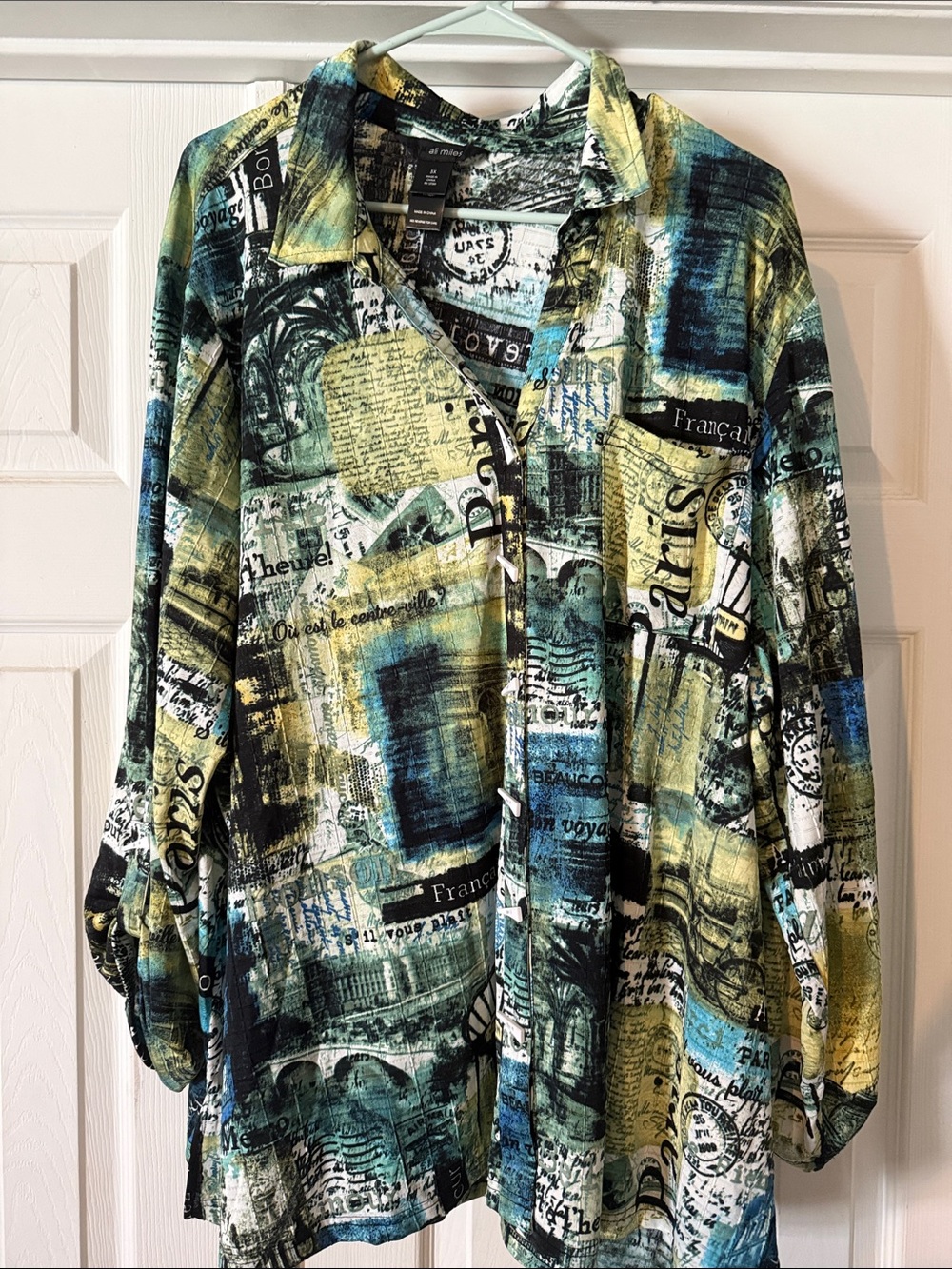 Ali Miles Multicolor Graphic Print Button-Down Blouse - Teal, Yellow, Black